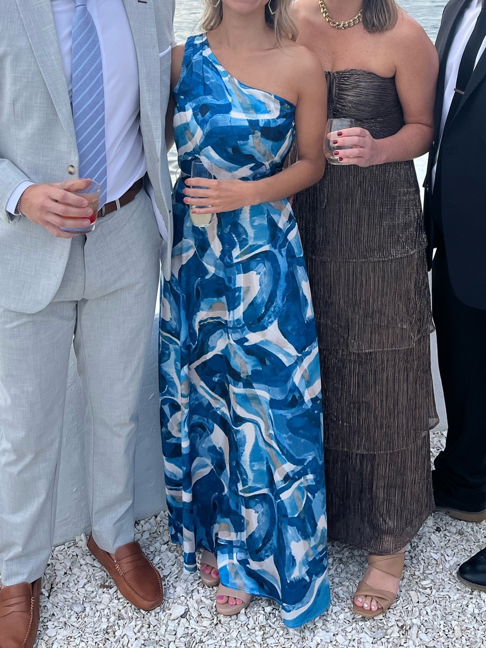 Nicole Miller Blue and White One-Shoulder Maxi Dress